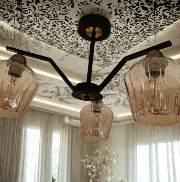 Modern 3-Arm Chandelier – Smoky Glass Elegance - Image 2